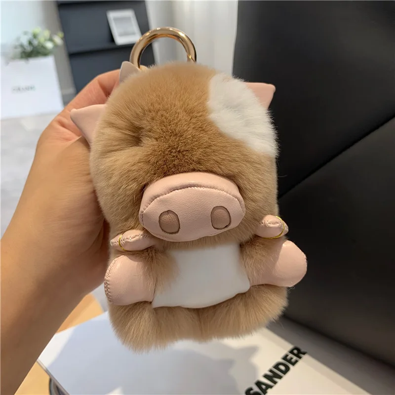 Real Rex Rabbit Fur Pig Car Pendant Plush Toy Cute Pig Bag Pendant Plush Keychain