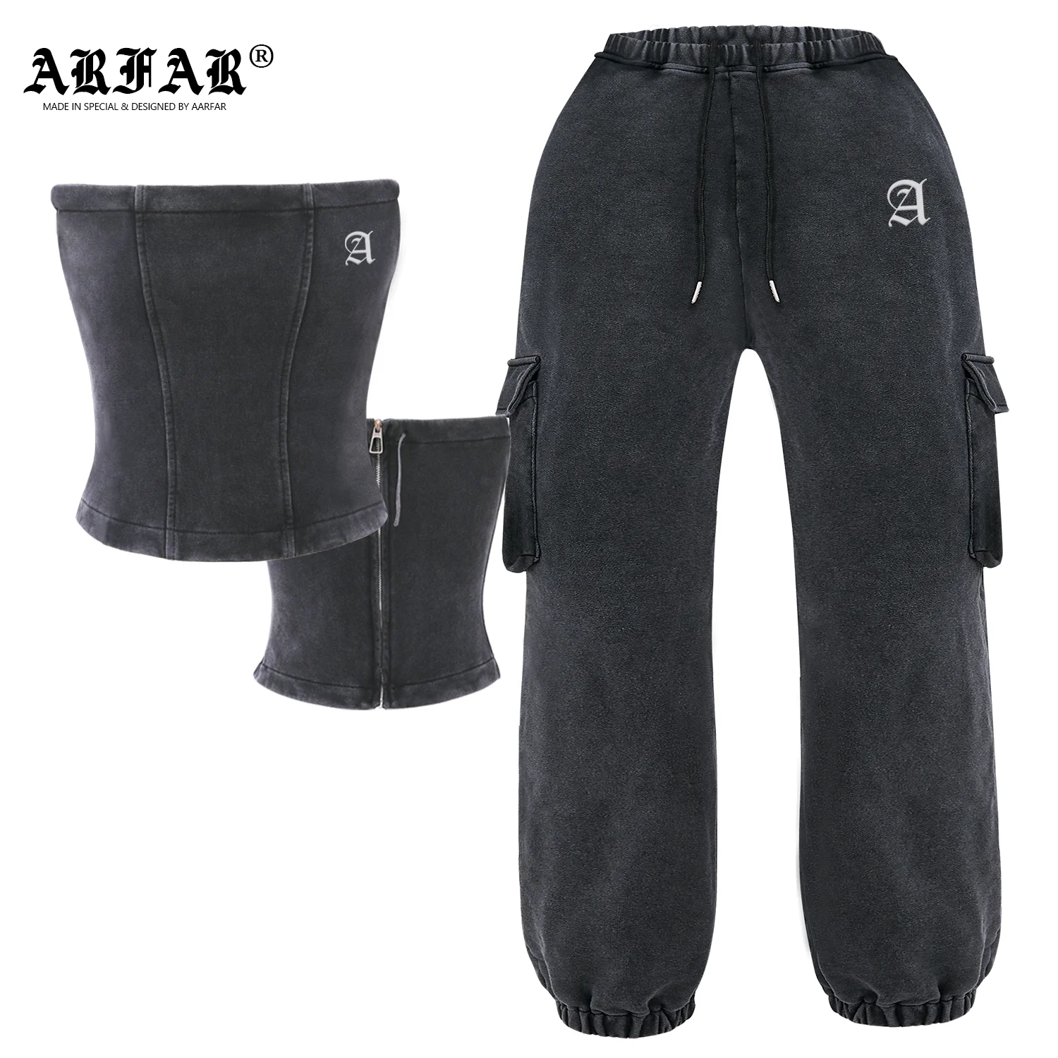 Custom Vintage Tube Top Bodysuit  Women Clothing Outfits Acid Washed Two Piece pants Sets