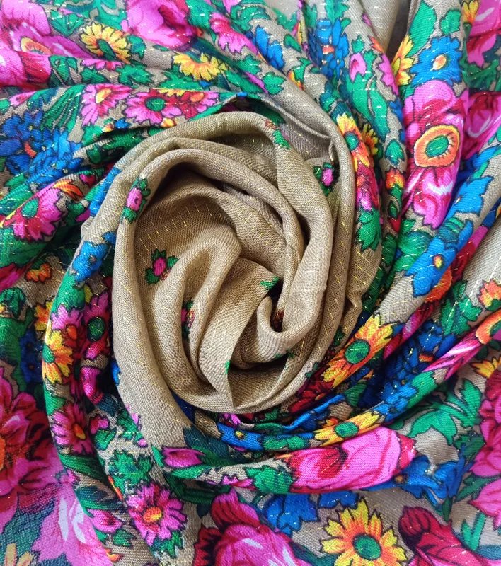 Manufacturers bulk sold scarves shawls neckwears floral print women acrylic square gold lurex shimmer russian scarfs