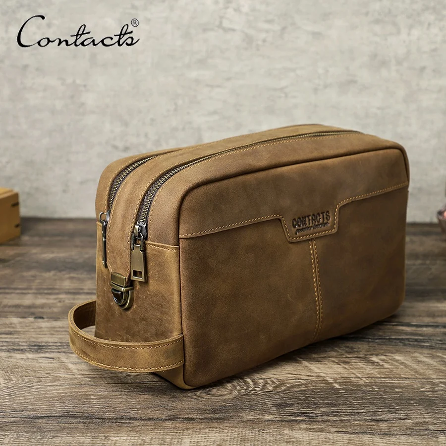 Double Zipper Travel Toiletry Handbag Makeup Storage Bag Genuine Leather Wash Pouch Organizer Men Cosmetic Bag