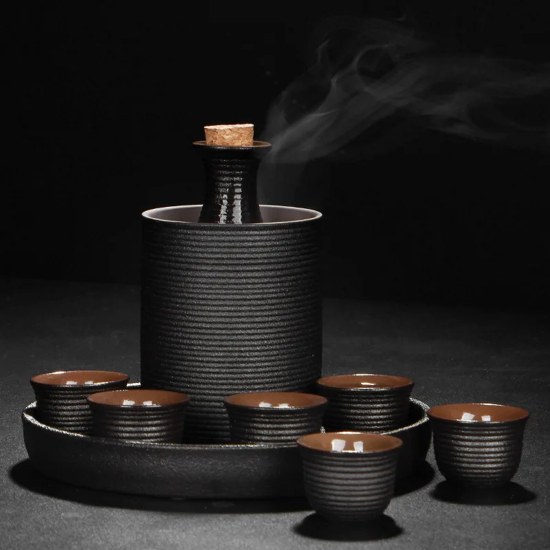Japanese Style Ceramic Sake Pot Cup Set (9pcs/set) Black Pottery Liquor Flask Wine Bottle Cups Tray