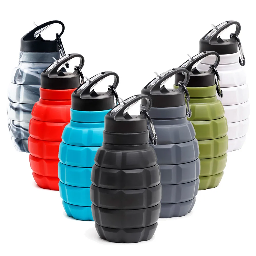 Wholesale 580ML Camouflage Silicone Water Bottle With Straw, Grenade Silicone Outdoors Foldable Sports Water Cup