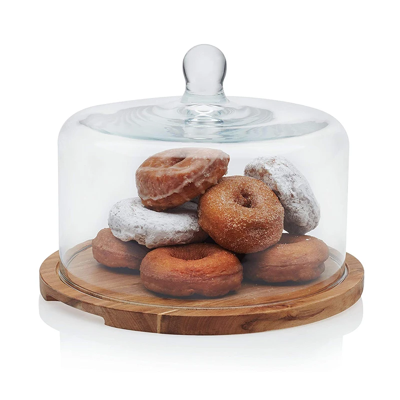 Wholesale Rustic Food Dessert Cake Serving Tray Wooden Birthday Wedding Cake Stands with Glass Dome