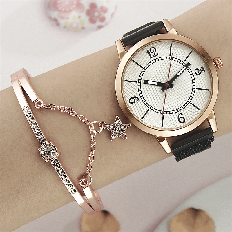 Luxury 2pcs Set Women Watches Rose Gold Bracelet Mesh Rhinestones Magnet Quartz  Ladies Female Numerals Watch