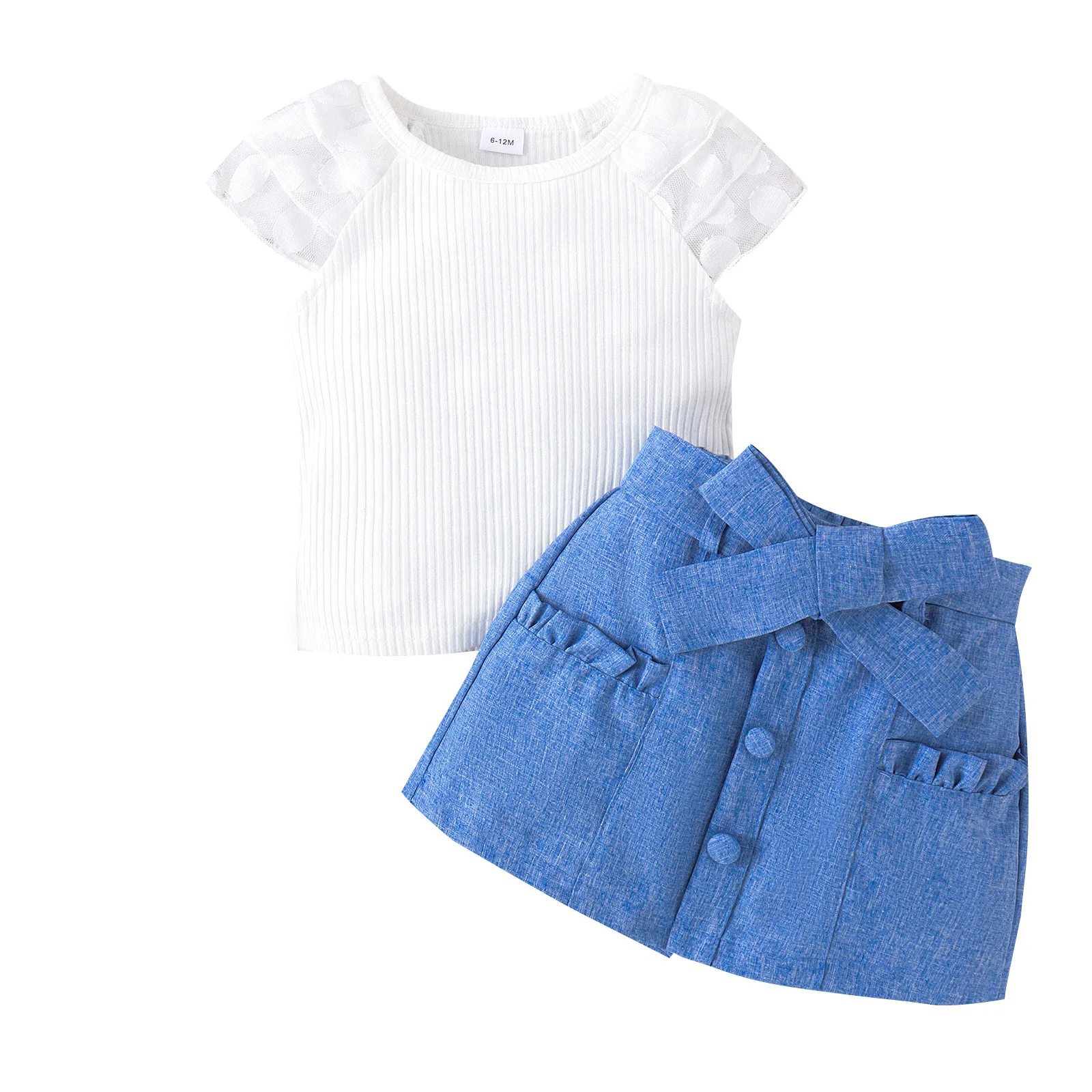 Kids Wholesale Clothing New Fashion Lace Short Sleeve Top Solid Color Bow Skirt Baby Girls clothing sets
