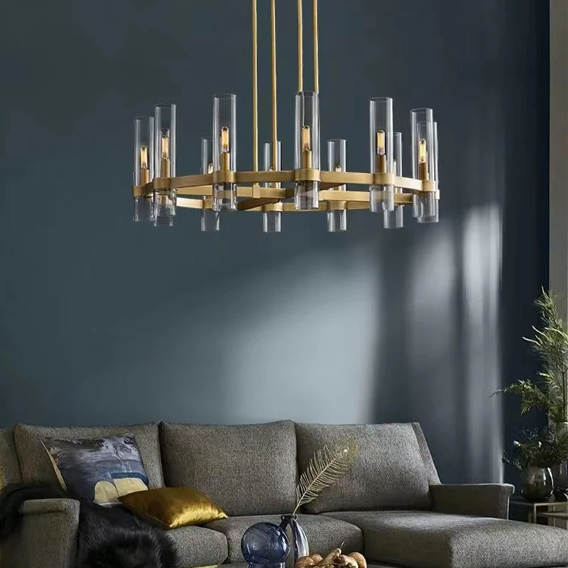 Custom American Modern Villa Living Room Glass K9 Crystal Lighting Luxury Pendant Light Antique Brass Farmhouse Black Chandelier