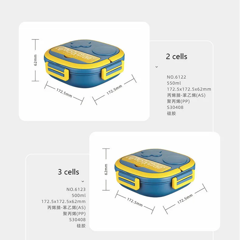 Bento Box 550ml Single Layer 3 Compartments Kids Lunch Box, Stainless Steel Square Plastic Lunch Boxes with Mobile Holder CN;GUA