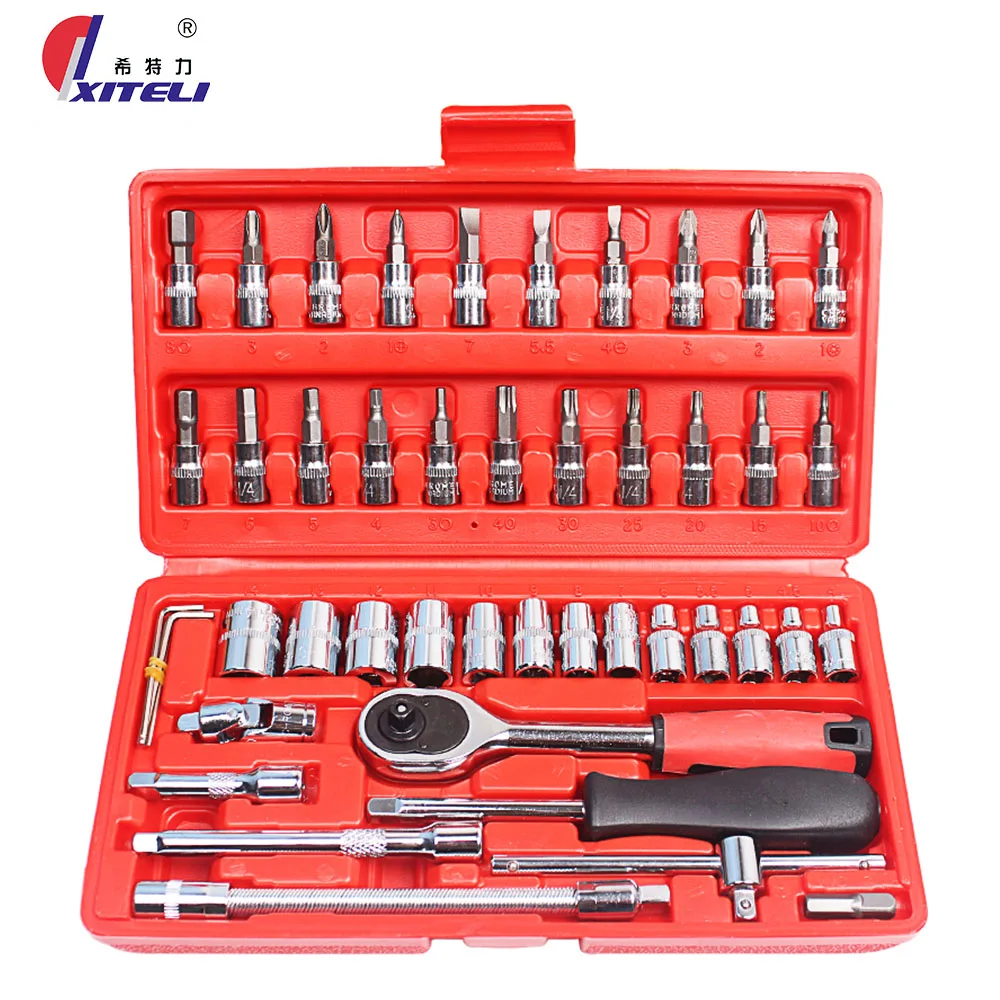 46pcs 1/4-Inch Socket Set Car Repair Tool Ratchet Torque Wrench Combo Tools Kit Auto Repairing Tool Set