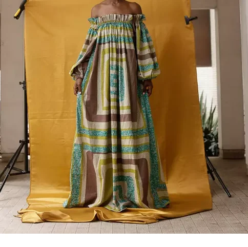 New Design High Quality Wholesale  Africa Print Women Clothing Long Sleeve Off Shoulder Elastic Frilled Neck Maxi Dress