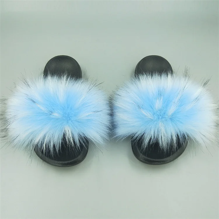 
Custom outdoor fashion blue fake fur slippers mink fur slides for women 