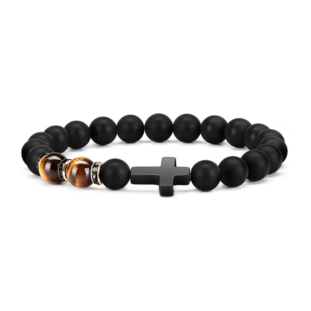 Fashion Men Women Jewelry Black Gemstone Cross High Quality Natural Matte Onyx Colorful Tiger Eye Beads Bracelets