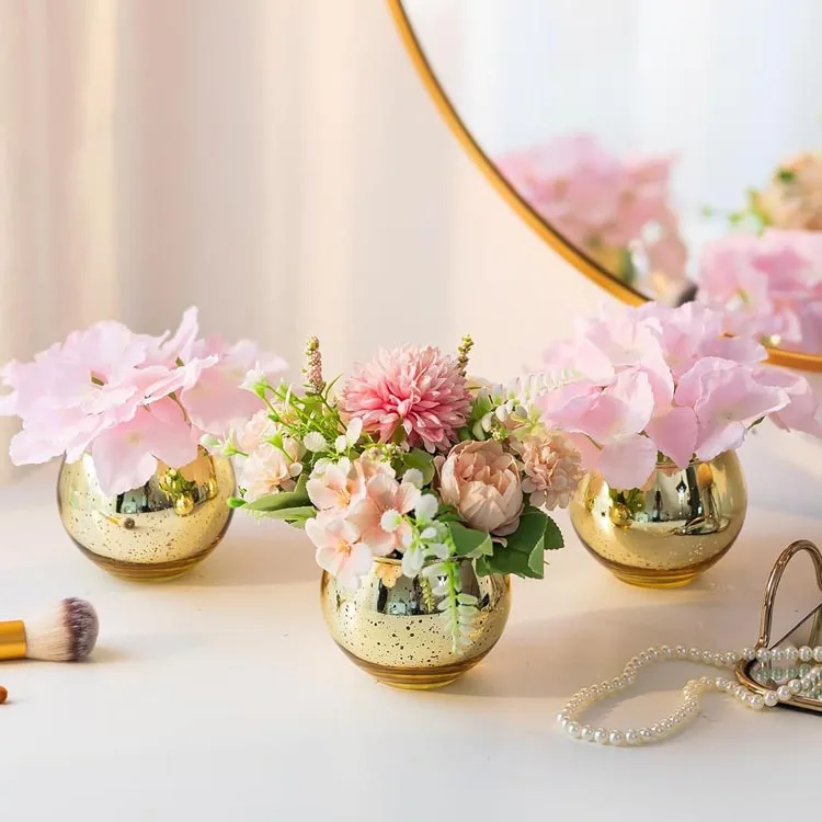 Wholesale Gold Small Glass Bud Vase Sparkling Round Glass Vase for Flowers Bar Table Centerpiece Home Decoration