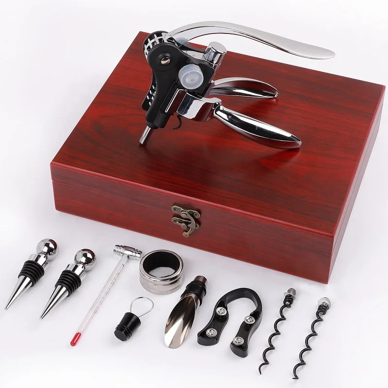9pcs Wooden Box Rabbit Wine Opener Set Zinc Alloy Lever Style Corkscrew Deluxe Wine Bottle Corkscrew Set