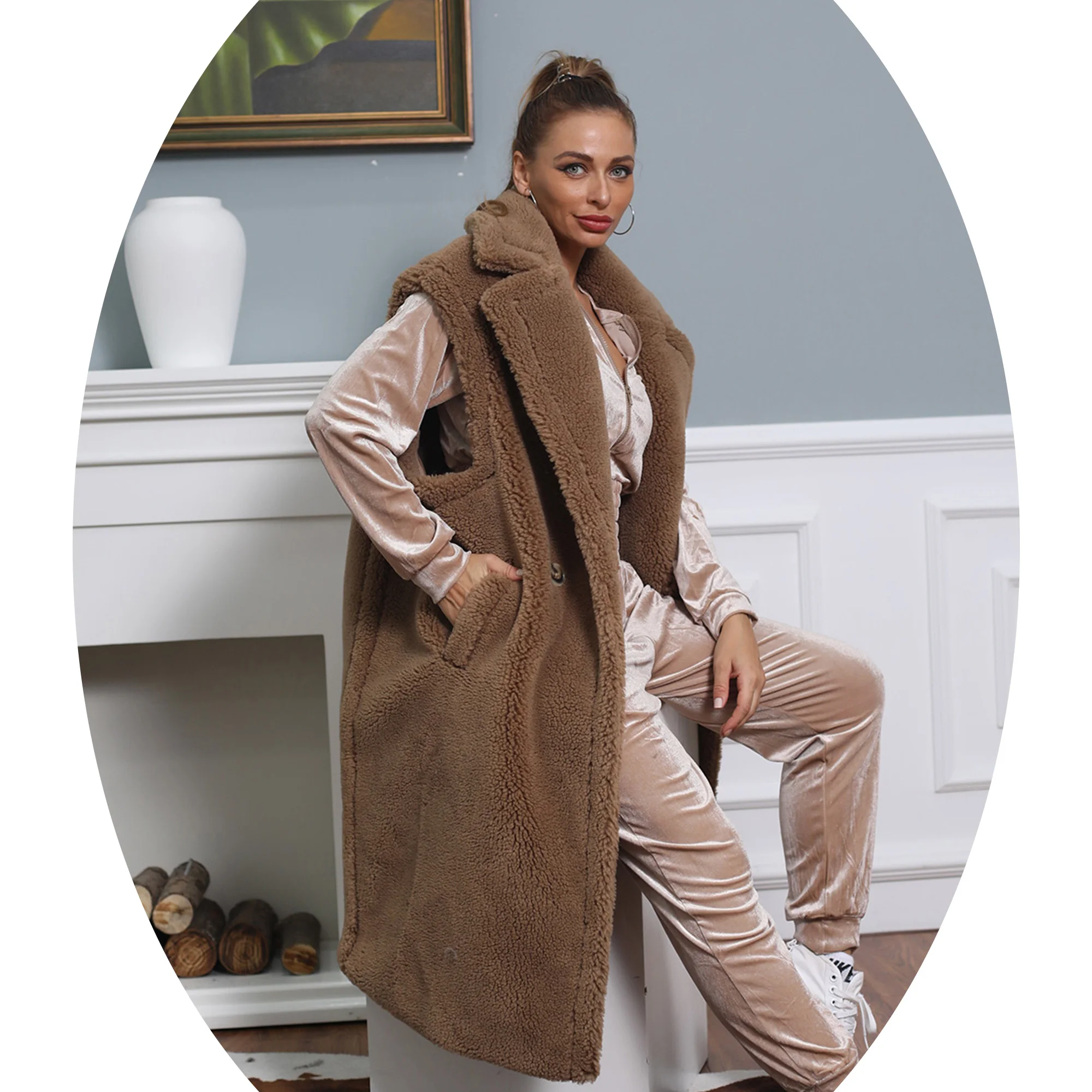 New design ladies winter thick teddy vest coat women oversize real sheep shearling vest