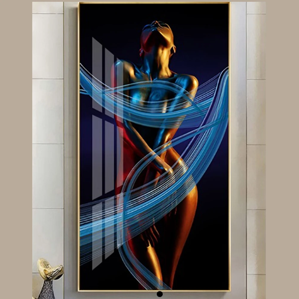 Hot selling portrait nordic beautiful black girl print 3D diamonds bath room bedroom decor Led light nude painting