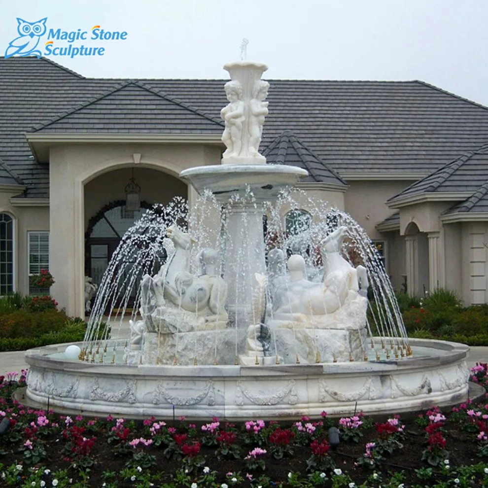 European Style Outdoor Antique White Marble Water Fountain with Horse for Yard Garden Square Decor