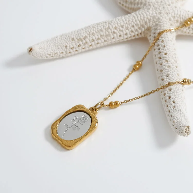 Vintage 18K Gold Plated Magic Mirror Stainless Steel Rose Flower Round Beaded Chain Pendant Necklace