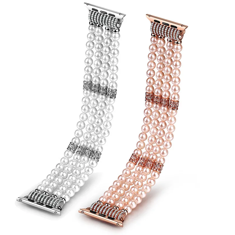 Fashion Pearl Bracelet For Apple Watch Strap 38mm 42mm,Elastic Stretch Beaded Watch Band For Apple iWatch Series 7 6 5 4 3