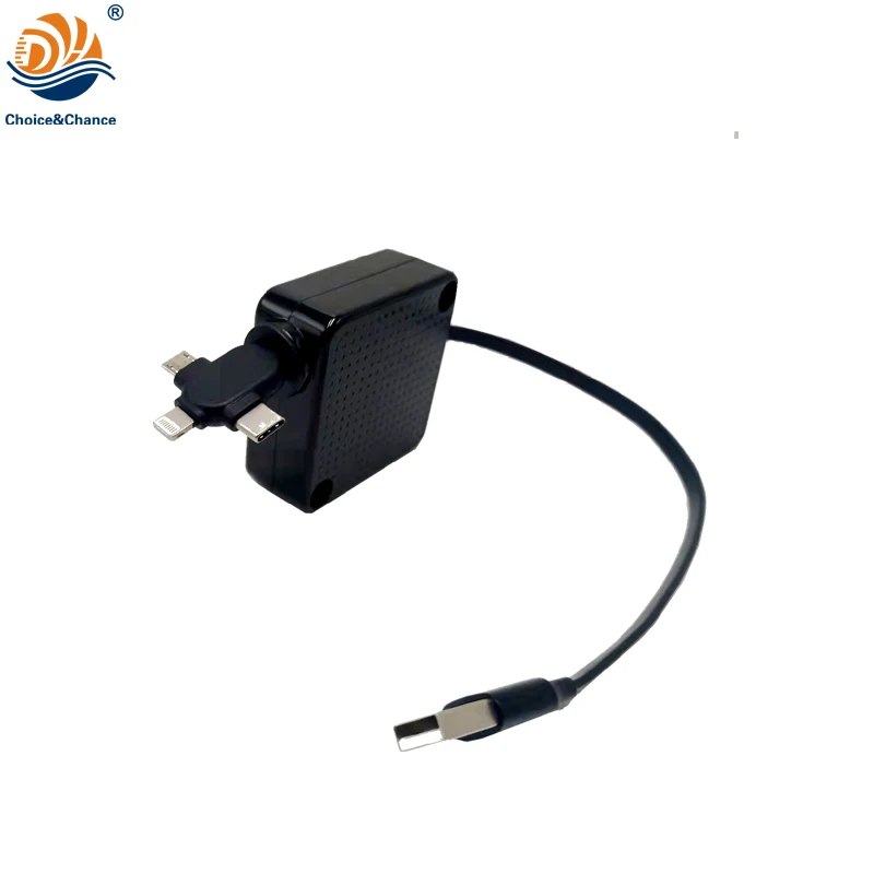 3 in 1 phone charger one way pull out retractable cable reel tangle free