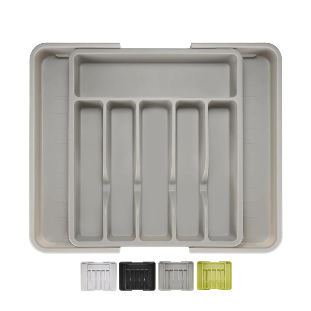 Kitchen Grey PP Material Organizer Tray For Cutlery Drawer Silverware Storage Cutlery Tray Expandable Cutlery Organizer