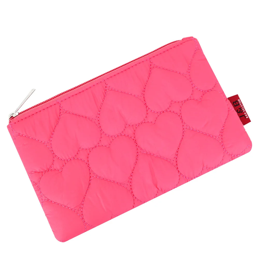 Quilted Love-Heart Down Feather Fabric Zipper Cosmetic Bag with Personalized Logo Skincare Cosmetic Pouch Cute Gift
