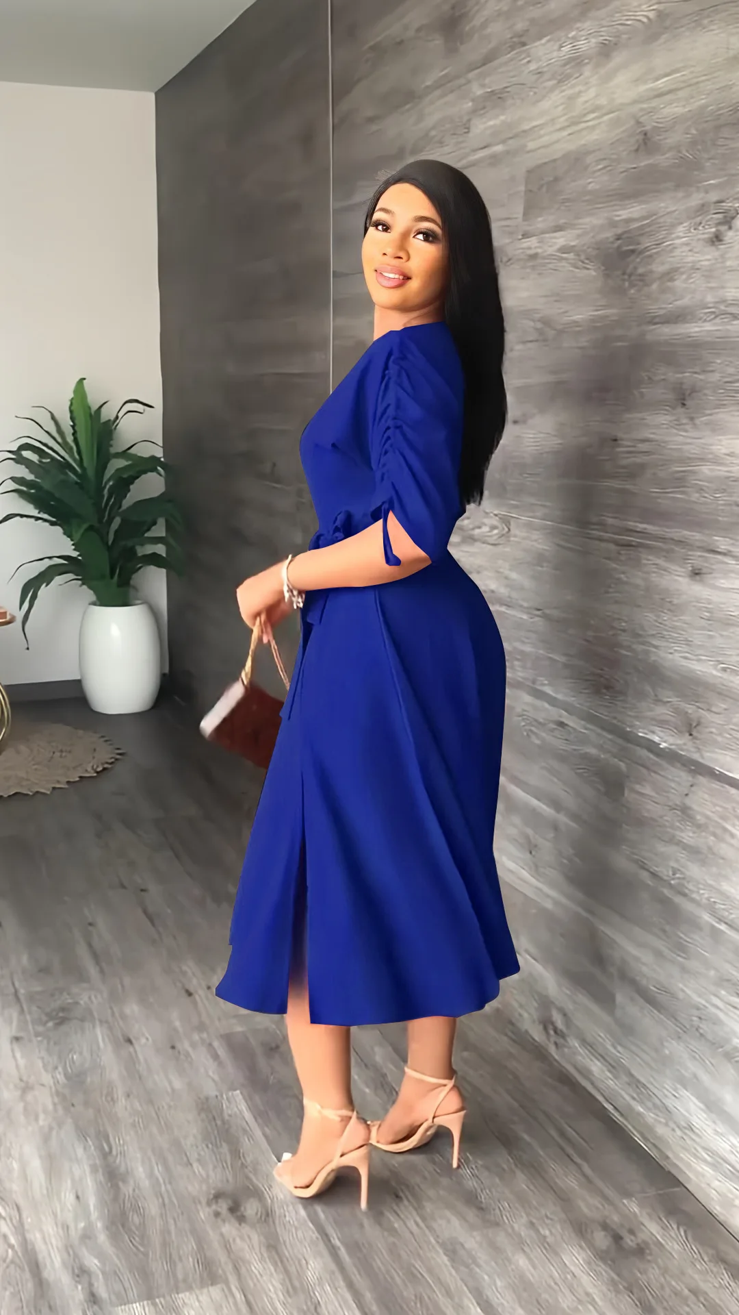 Orange Pleated Bare Shoulder Waist Belt Long A Line Lady Casual Dress