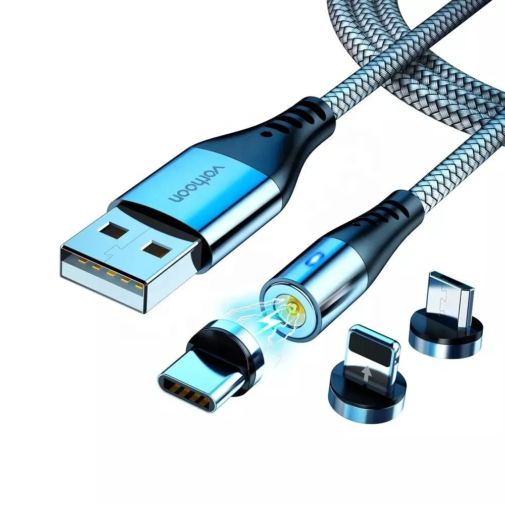 Nylon Braided 1M 2M 360 Rotating Fast Magnetic Charging Cable Micro USB 3 in 1 Magnetic Data Cable For iPhone Charger USB Cable