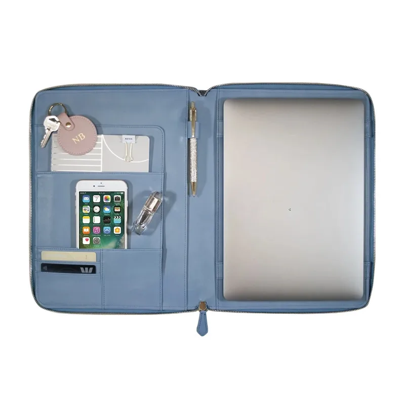 China Gold Supplier Multiple Storage Options A4 Vegan Leather Antique Blue compendium laptop