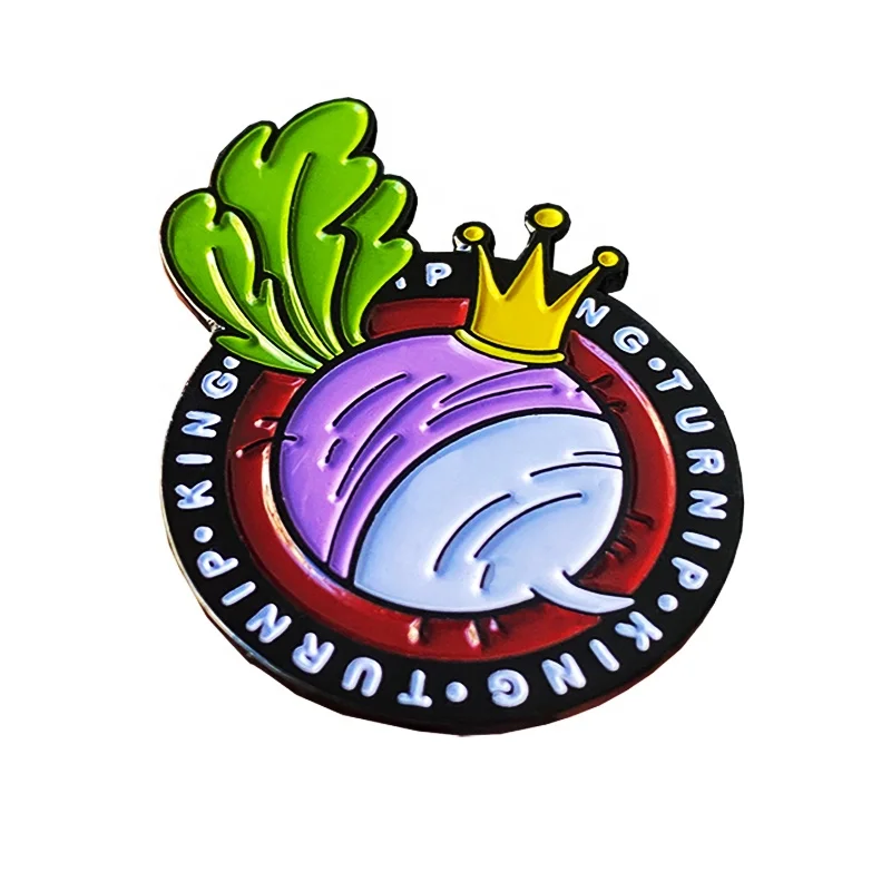 Custom Cool Wearing a Crown Turnip Black Round Lapel Pin Famous Brand Advertising Black Dyed Soft Enamel Wholesale Manufacturer