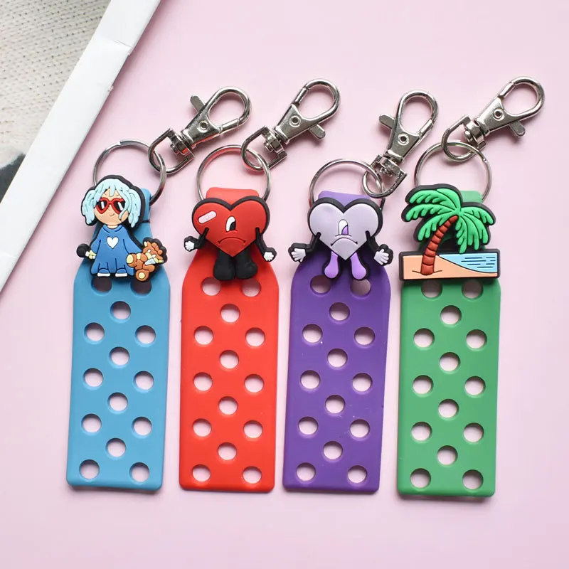 Rubber Pvc 3d Cute Acrylic Keychains Kawaii Anime Silicone Heart Designer Halloween Keychains Bad Bunny Croc Charm Keychain