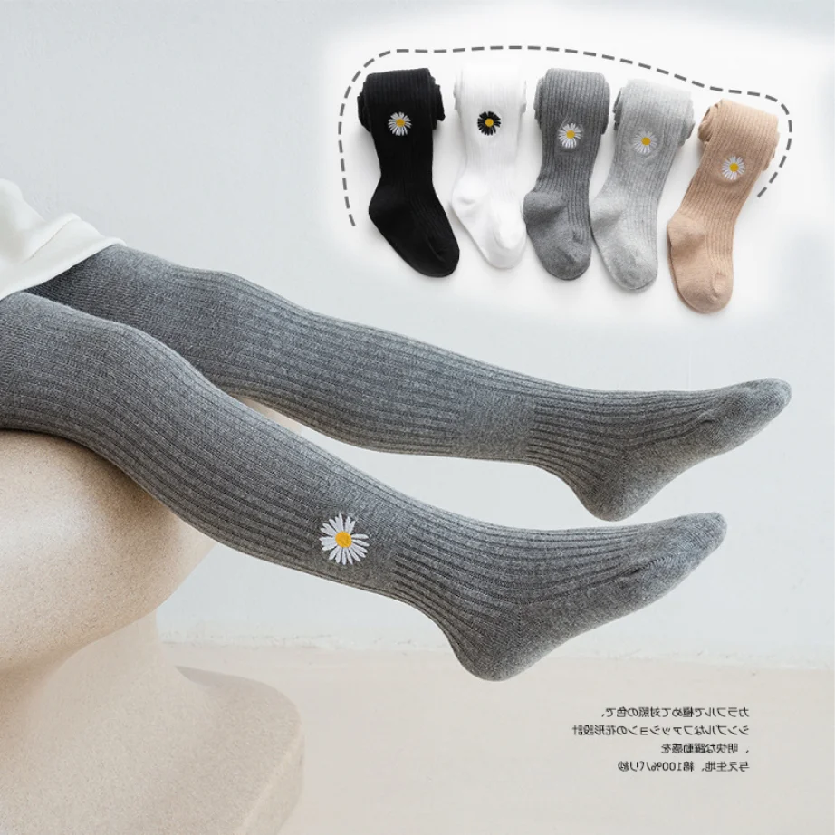 Embroider Flower pure color girls kids tights