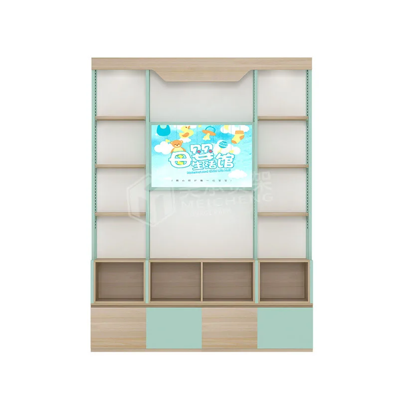 Meicheng индивидуального размера, односторонняя деревянная витрина, полки для супермаркетов, настенная полка для хранения со шкафом