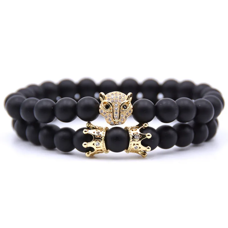 European Wholesale Hand Jewelry 2Pcs/Set Elastic 8mm Natural Matte Black Beads Micro Pave CZ Crown Leopard Head Bracelet Set