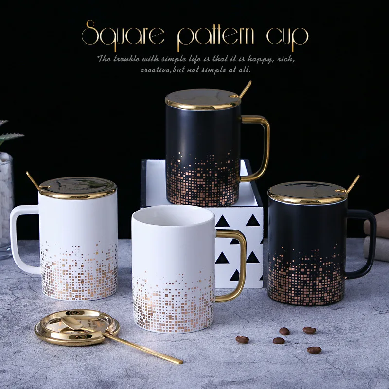 15OZ China Manufacturer Promotional Golden Square Speckles Spots Ceramic Mugs Black Coffee Mug With Golden Lid