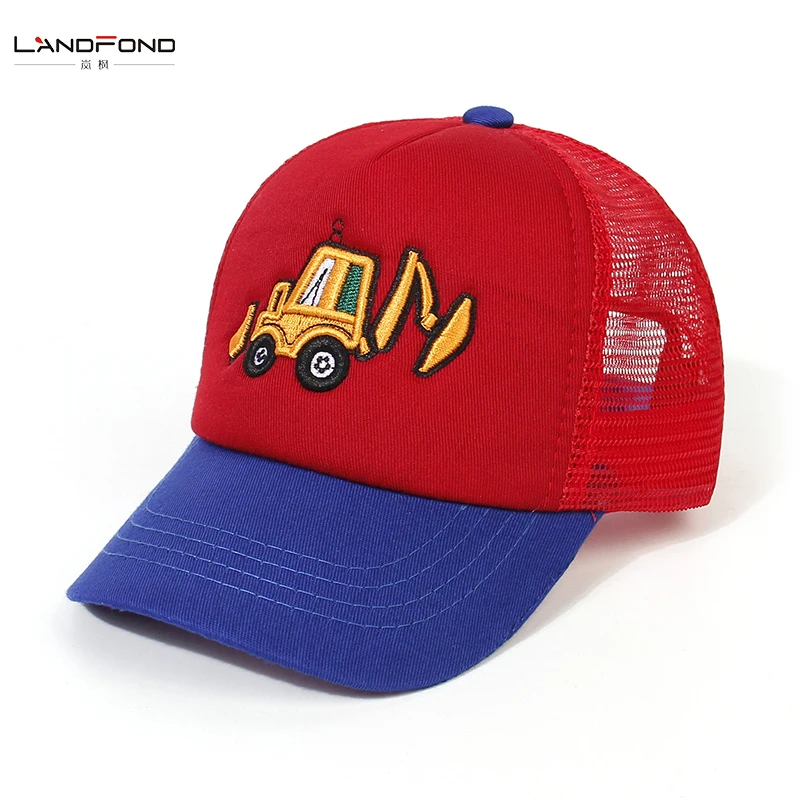 Landfond Outdoor Boys and Girls Trucker Hat Excavator Cartoon Embroidery Pattern Back Mesh Baseball Cap
