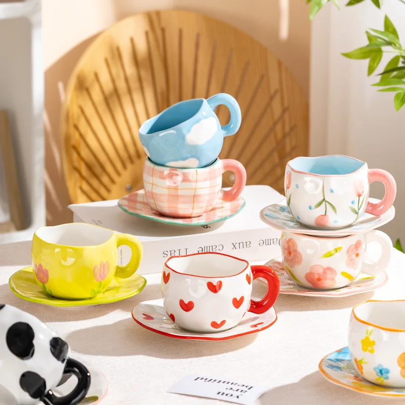 Creative ceramic clouds irregular hand-painted cute mug flowers water cup 200ML saucer set and coffee cup