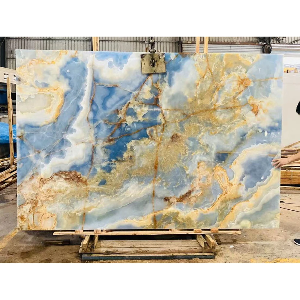 Bookmatch backlit natural real blue onyx countertop  transparent wall decorative blue onyx stone