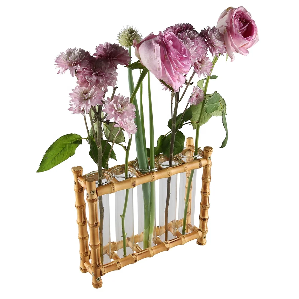 Tabletop Decoration Test Tube Bamboo Wood Propagating Station Rack Hydroponic Plants Flower Bud Planter Glass Vase Terrarium