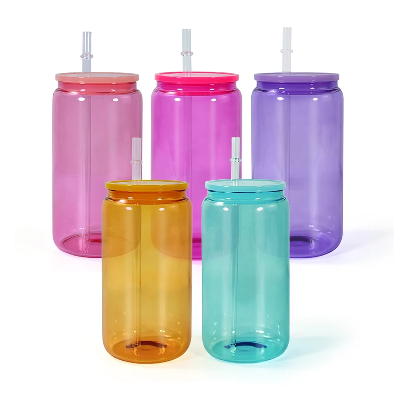 AGH New Arrival 16oz Clear Glass Can Wth Color Sublimation Blanks Glass Beer Can with Colorful Lid For Gift