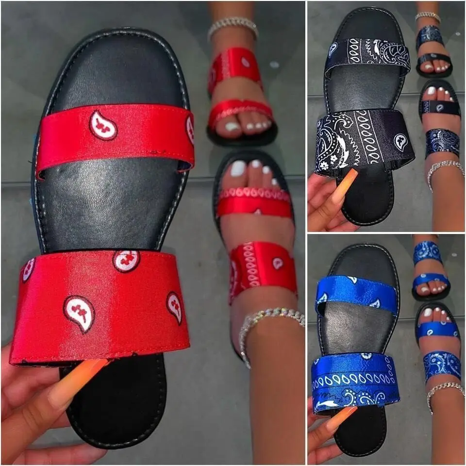 Cheap Chples Ever Health Woman Satin Slippers Shoes Adult Two Straps Fabric Slippers Canvas Femme Plate Flat Sandals