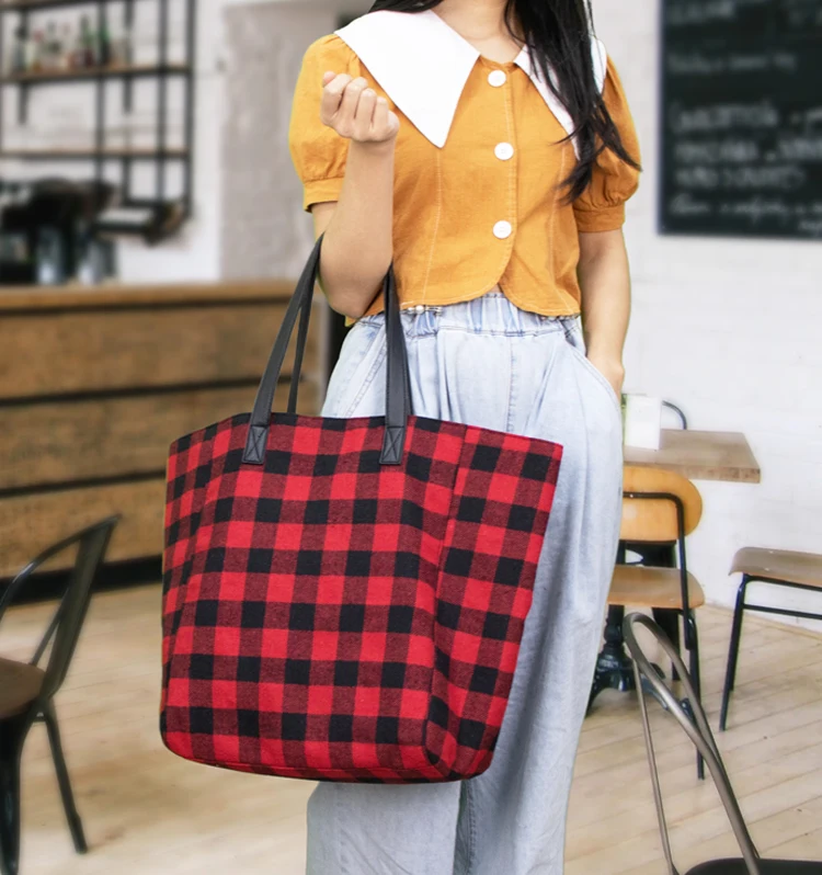 classical plaid deep tote bag large cotton checked shoulder bag custom printed tote bag with logo
