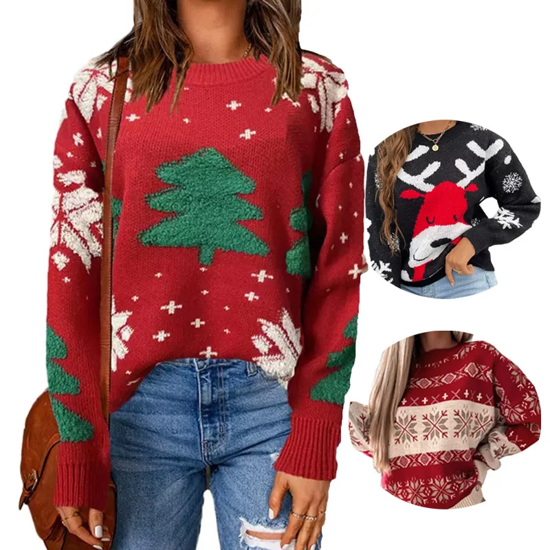 New Snowflake Reindeer Santa Cartoon Print 2022 Woman clothes Ugly Christmas Sweater