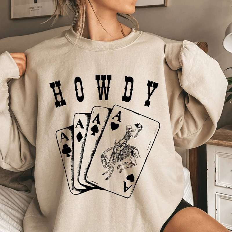 Womens Graphic Crewneck Western Country Girl Sweatshirt Playing Poker Card Games Sweatshirt Ace Card Cowboy Sweatshirt