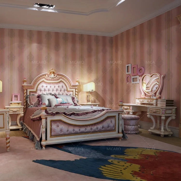LEQ001A royal european style solid wood kids bed bedroom furniture set with drawing
