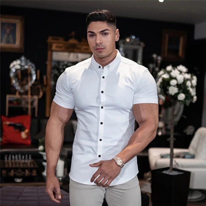 Mens Muscle Fit Button Down Dress Shirts Printed Stretch Slim Wrinkle Free Athletic Wear No Iron Office Attire Tuxedo Shirt
