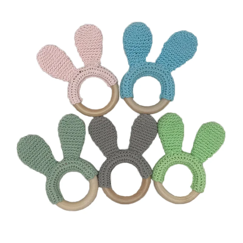 Natural Crochet Teether Toy Handmade Amigurumi Crochet Bunny on Natural Wooden Teething Ring Natural Baby Toys