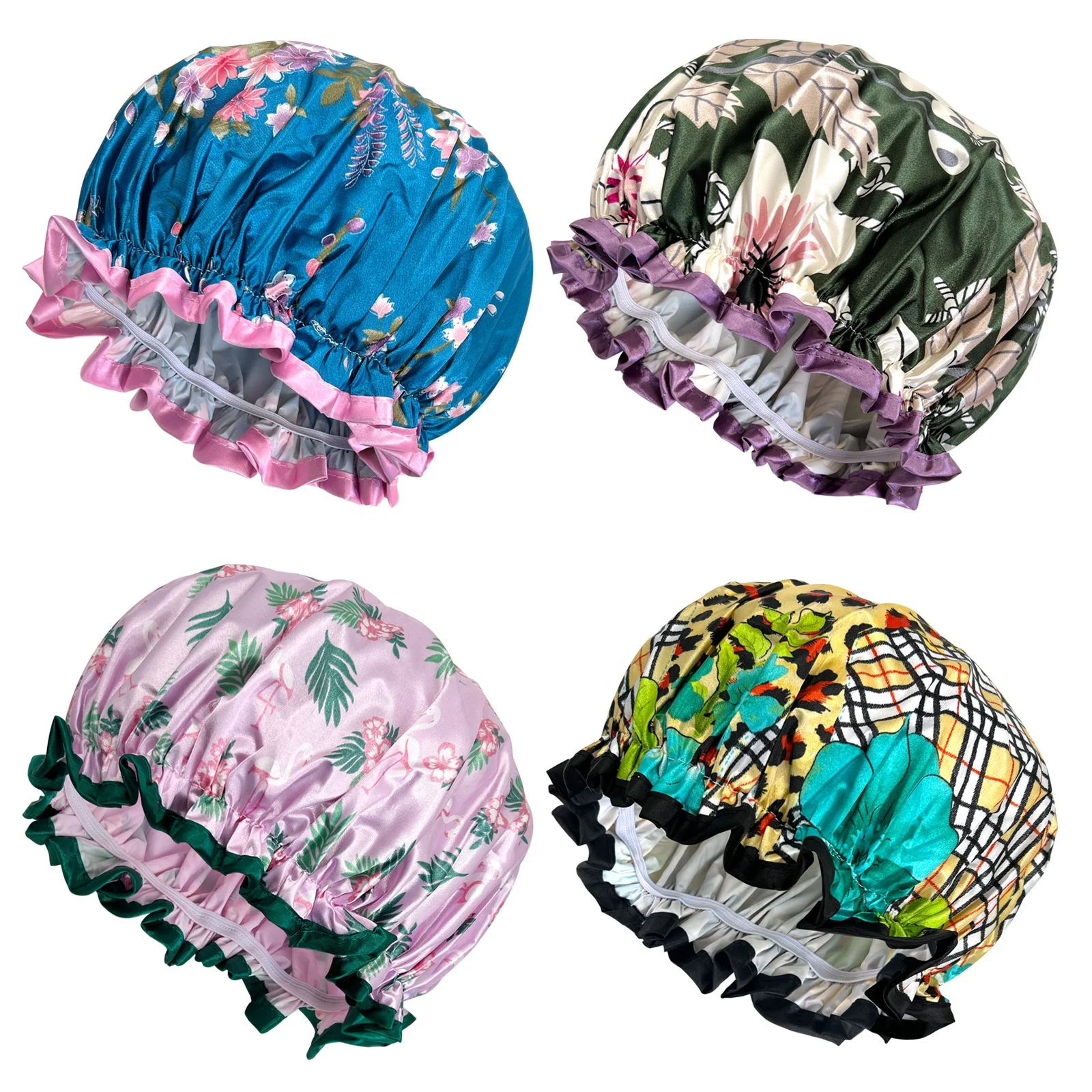 Custom Designer Double Waterproof Layers Elastic Reusable Bathing Hair Ladies Spa Shower Caps for Women