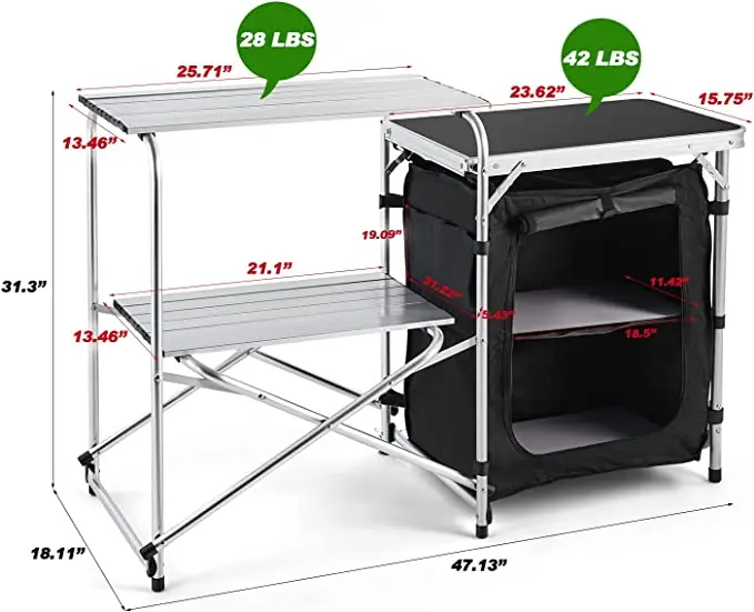 NPOT Camping Kitchen Table, Aluminum Outdoor Folding Grill Cook Station with Storage Organizer, 2 Side Tables for BBQ Picnic