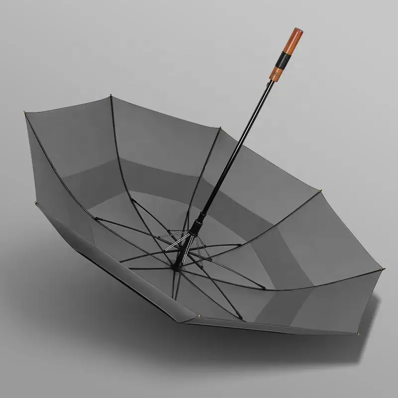 Faux leather Classic Wooden handle auto open long umbrella cheap black large golf umbrella with logo