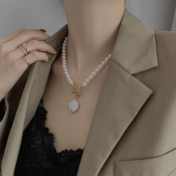 MNL30014 Two-piece pearl pendant fashion ins iron chain personality street baroque necklace choker sweater chain pearl necklace